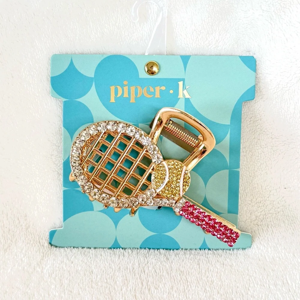 Piper K Gold and Pink Rhinestone Tennis Racket Hair Claw Clip